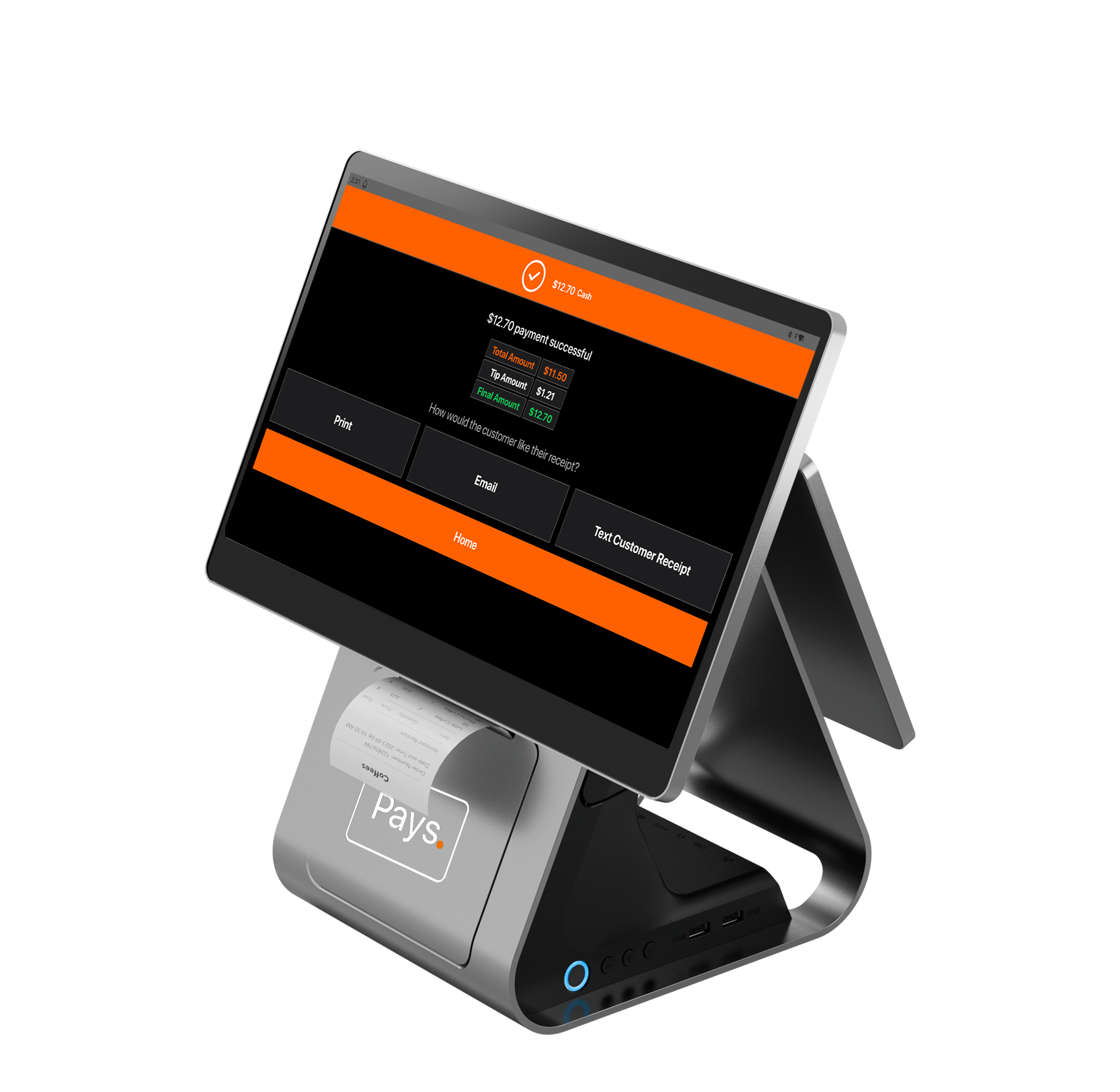 odern bar and restaurant with a sleek POS system on the counter, displaying table management, order customization, and payment options.