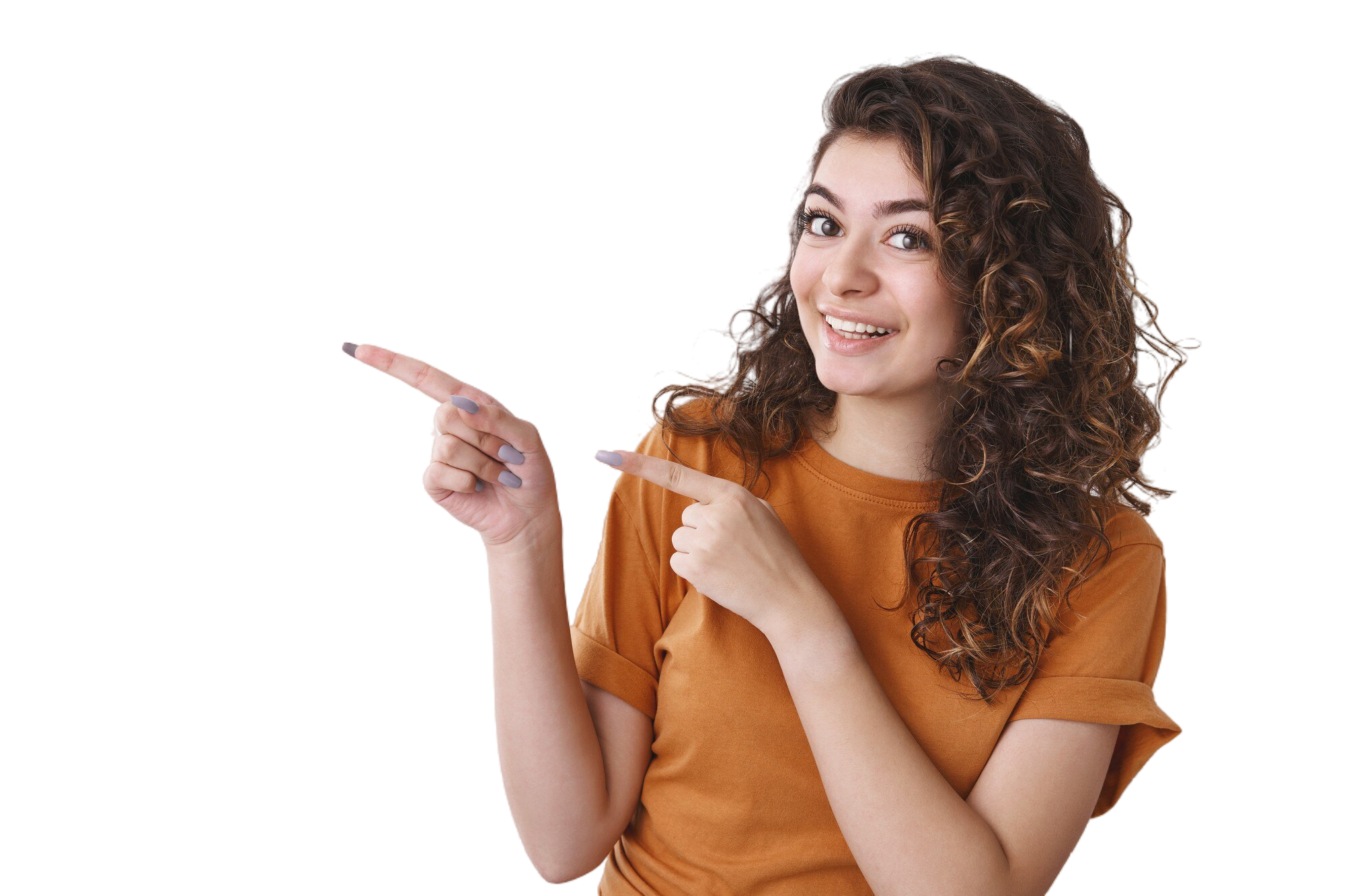 joyful-friendly-looking-young-woman-introducing-her-best-friend-pointing