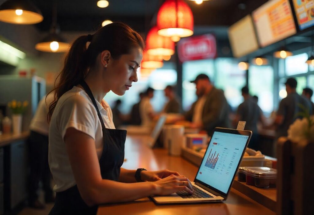 Manager analyzing sales performance on cloud-based Fast Food POS Systems from a laptop.
